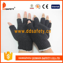 Gants de coton / polyester avec des points de Mini PVC noir demi doigt (DKP518)